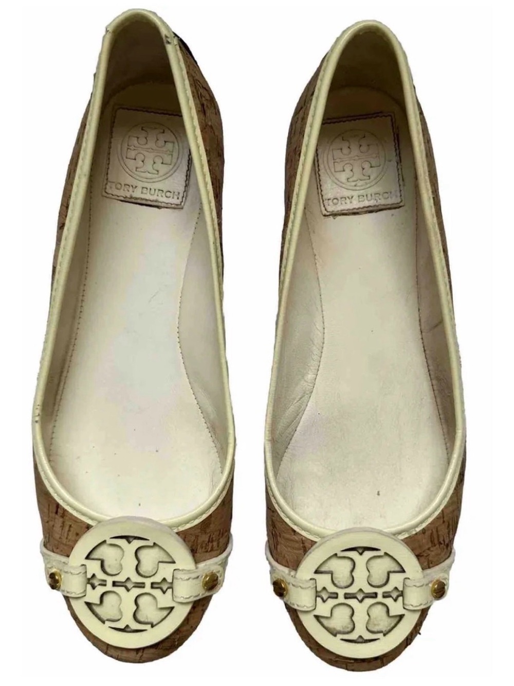 Tory Burch Cream Cork Logo Round-Toe Ballet Flats